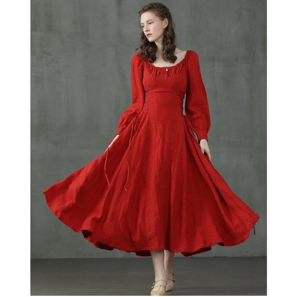 Linennaive Ylang 15 Red Linen Corset Maxi Dress